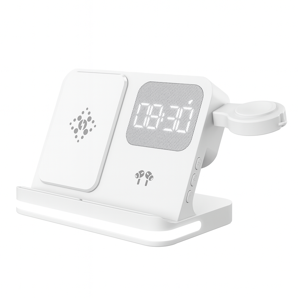 3‑in‑1 Draadloze Oplader met LED Wekker & Nachtlampje