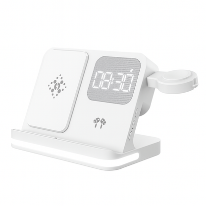 3‑in‑1 Draadloze Oplader met LED Wekker & Nachtlampje